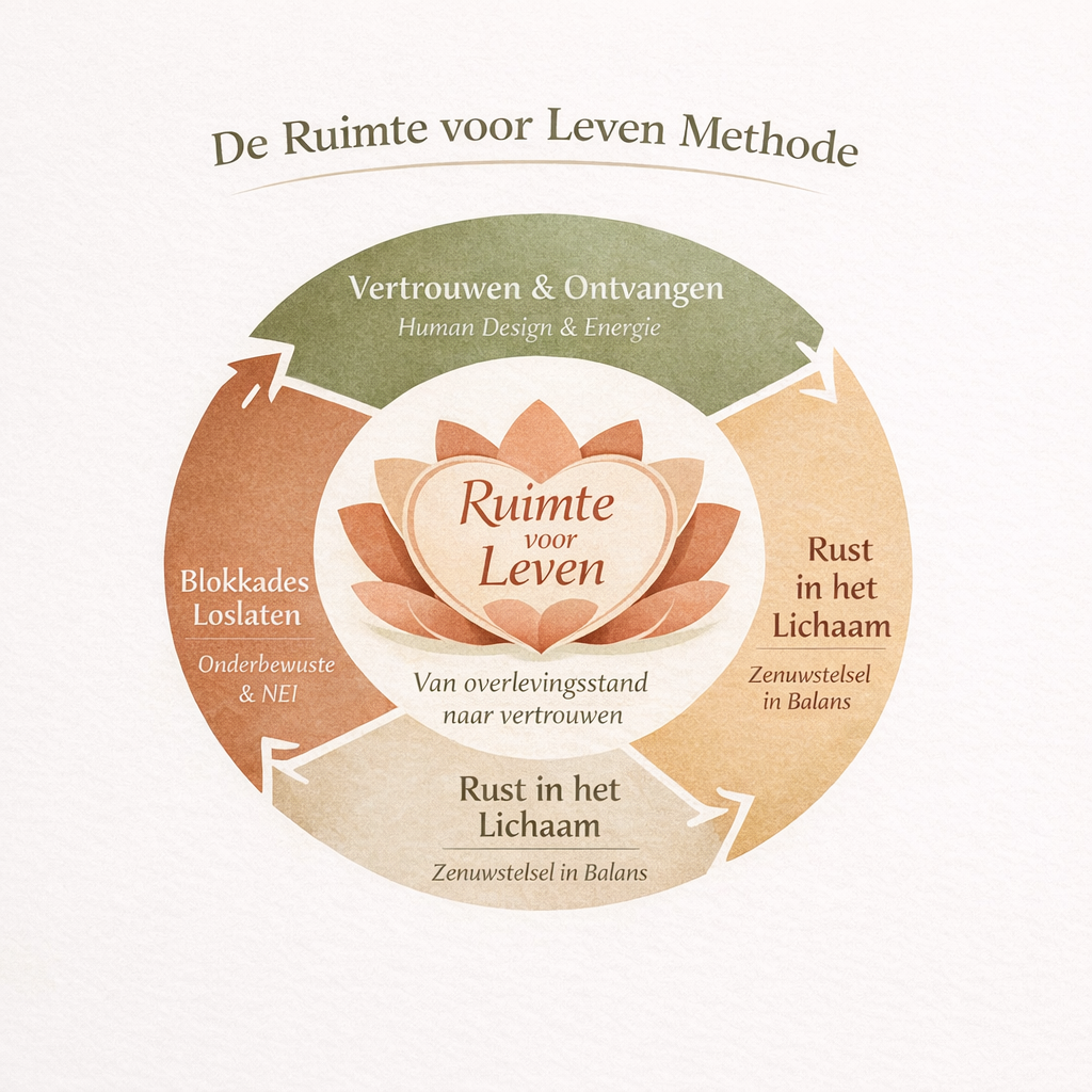 Diagram van de Ruimte voor Leven Methode voor vrouwen bij wie zwanger worden uitblijft door stress en overlevingsstand. Diagram van de Ruimte voor Leven Methode voor vrouwen bij wie zwanger worden uitblijft door stress en overlevingsstand.